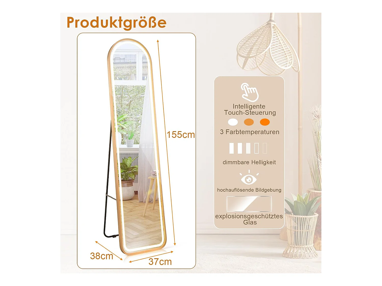 Volledige spiegel met ledverlichting, 155 x 37 cm,2-in-1 staande spiegel, wandspiegel,garderobespiegel met goudkleurig aluminium frame, voor hal,slaapkamer,TL32357