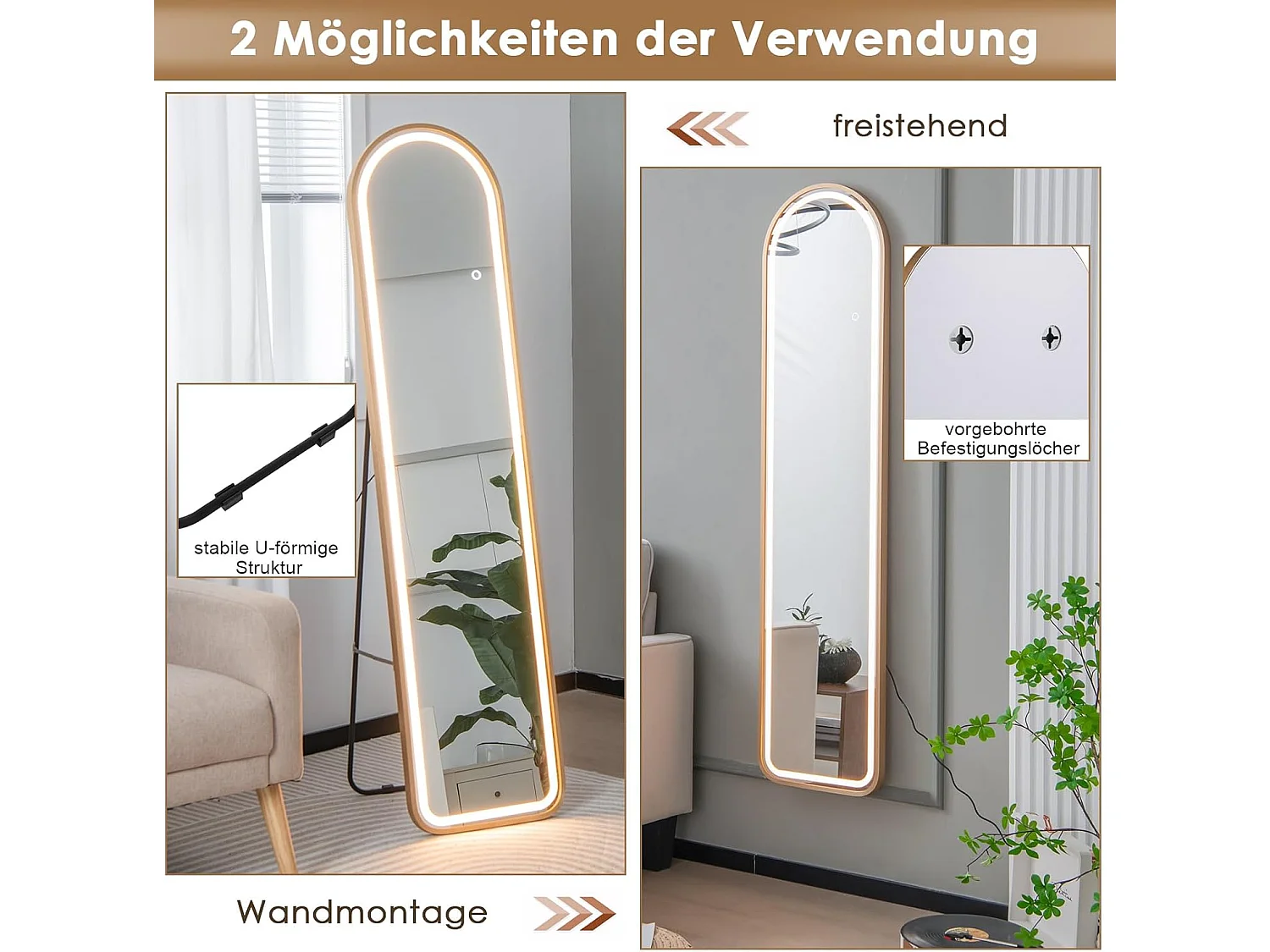 Volledige spiegel met ledverlichting, 155 x 37 cm,2-in-1 staande spiegel, wandspiegel,garderobespiegel met goudkleurig aluminium frame, voor hal,slaapkamer,TL32357