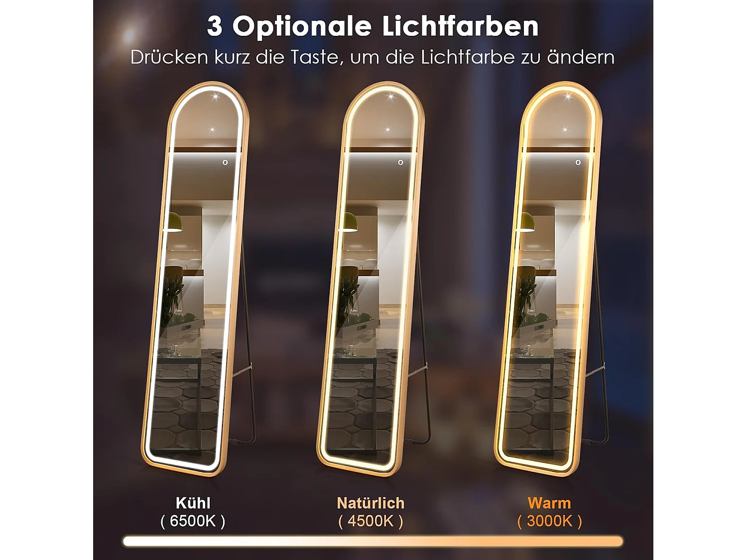 Volledige spiegel met ledverlichting, 155 x 37 cm,2-in-1 staande spiegel, wandspiegel,garderobespiegel met goudkleurig aluminium frame, voor hal,slaapkamer,TL32357
