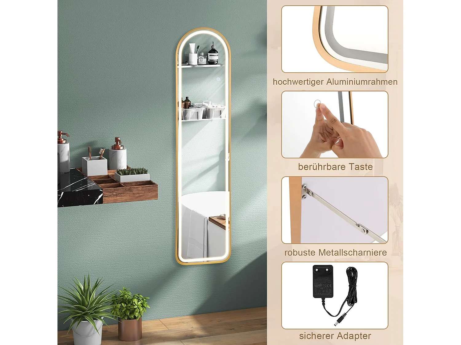 Volledige spiegel met ledverlichting, 155 x 37 cm,2-in-1 staande spiegel, wandspiegel,garderobespiegel met goudkleurig aluminium frame, voor hal,slaapkamer,TL32357