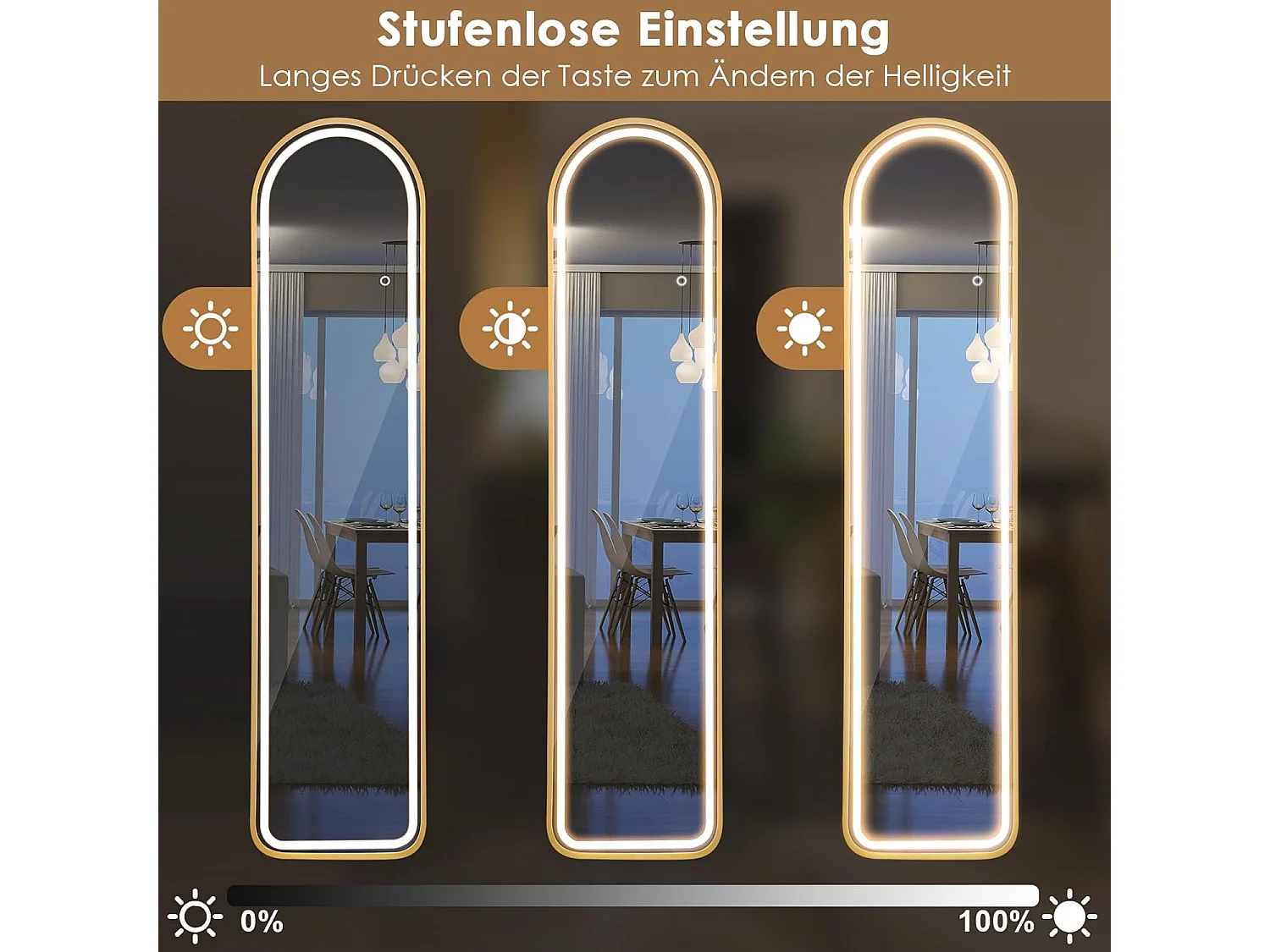 Volledige spiegel met ledverlichting, 155 x 37 cm,2-in-1 staande spiegel, wandspiegel,garderobespiegel met goudkleurig aluminium frame, voor hal,slaapkamer,TL32357