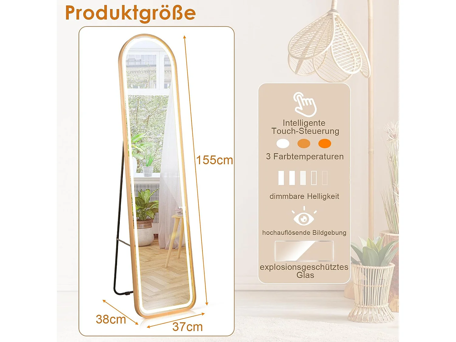 Volledige spiegel met ledverlichting, 155 x 37 cm,2-in-1 staande spiegel, wandspiegel,garderobespiegel met goudkleurig aluminium frame, voor hal,slaapkamer,TL32357