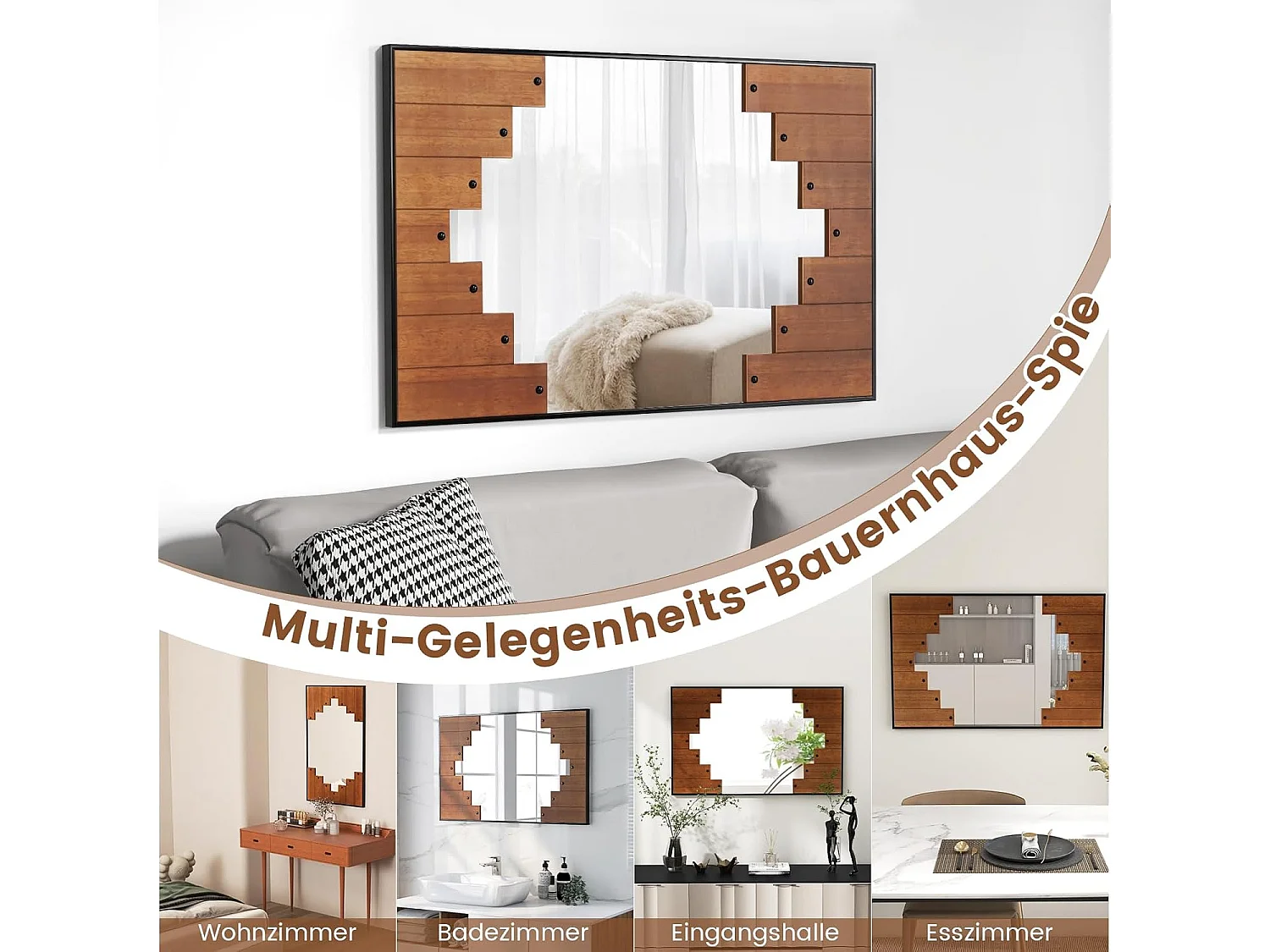 Rechthoekige spiegel met houten lijst, 66 x 95 cm,rustieke wandspiegel met twee-richtingshaak,hangspiegel met metalen frame, make-upspiegel, muur,slaapkamerTL32420