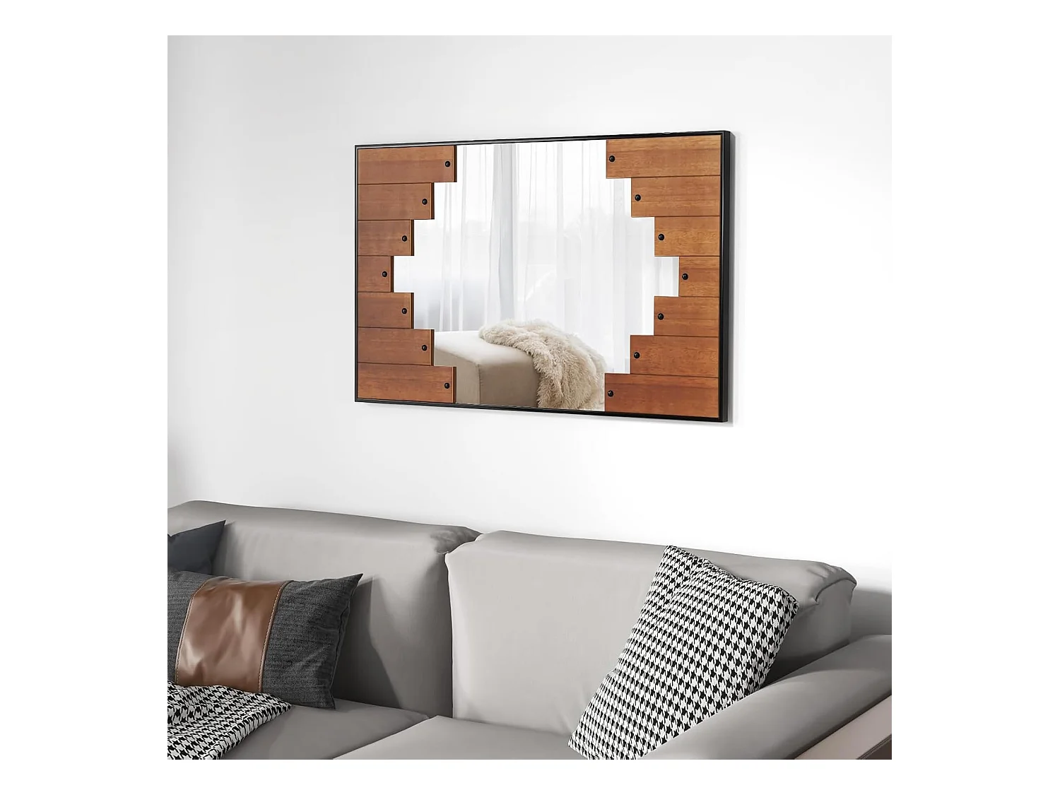 Rechthoekige spiegel met houten lijst, 66 x 95 cm,rustieke wandspiegel met twee-richtingshaak,hangspiegel met metalen frame, make-upspiegel, muur,slaapkamerTL32420