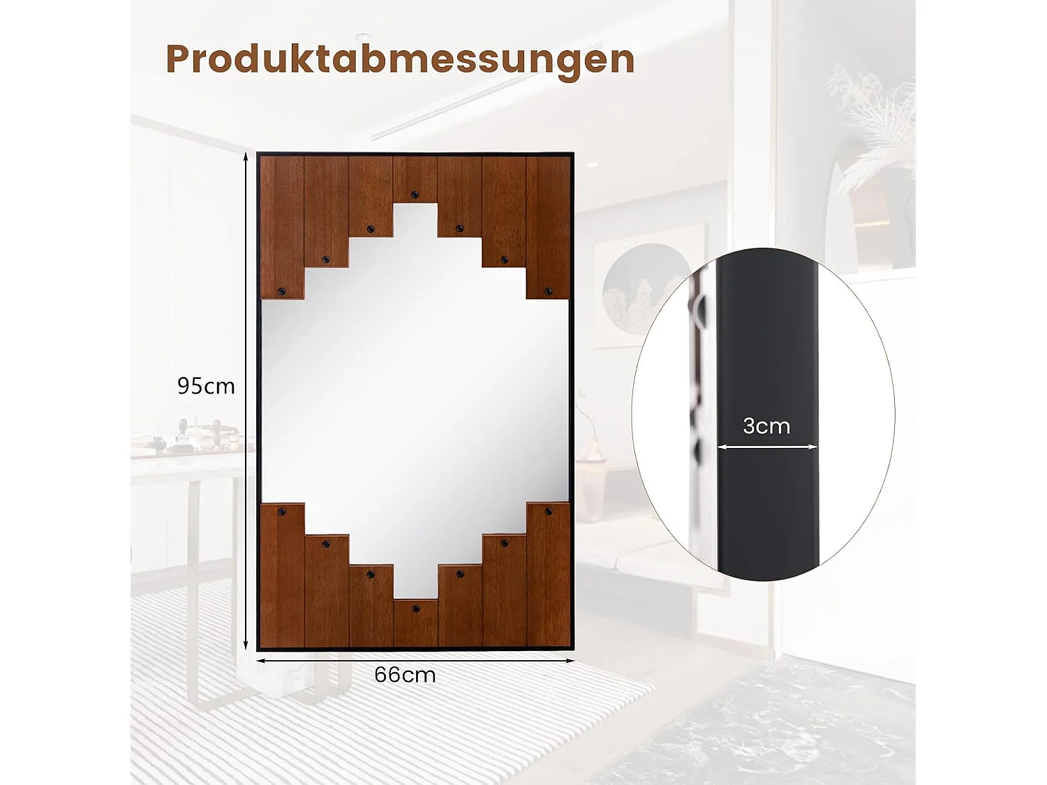 Rechthoekige spiegel met houten lijst, 66 x 95 cm,rustieke wandspiegel met twee-richtingshaak,hangspiegel met metalen frame, make-upspiegel, muur,slaapkamerTL32420