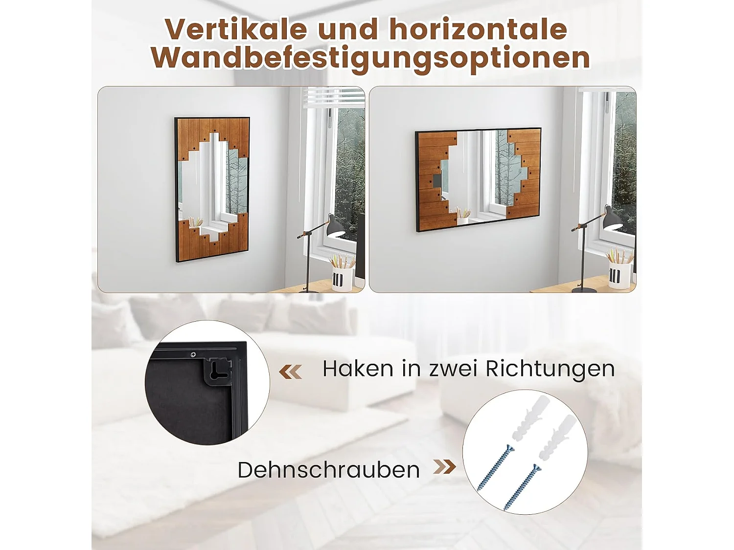 Rechthoekige spiegel met houten lijst, 66 x 95 cm,rustieke wandspiegel met twee-richtingshaak,hangspiegel met metalen frame, make-upspiegel, muur,slaapkamerTL32420