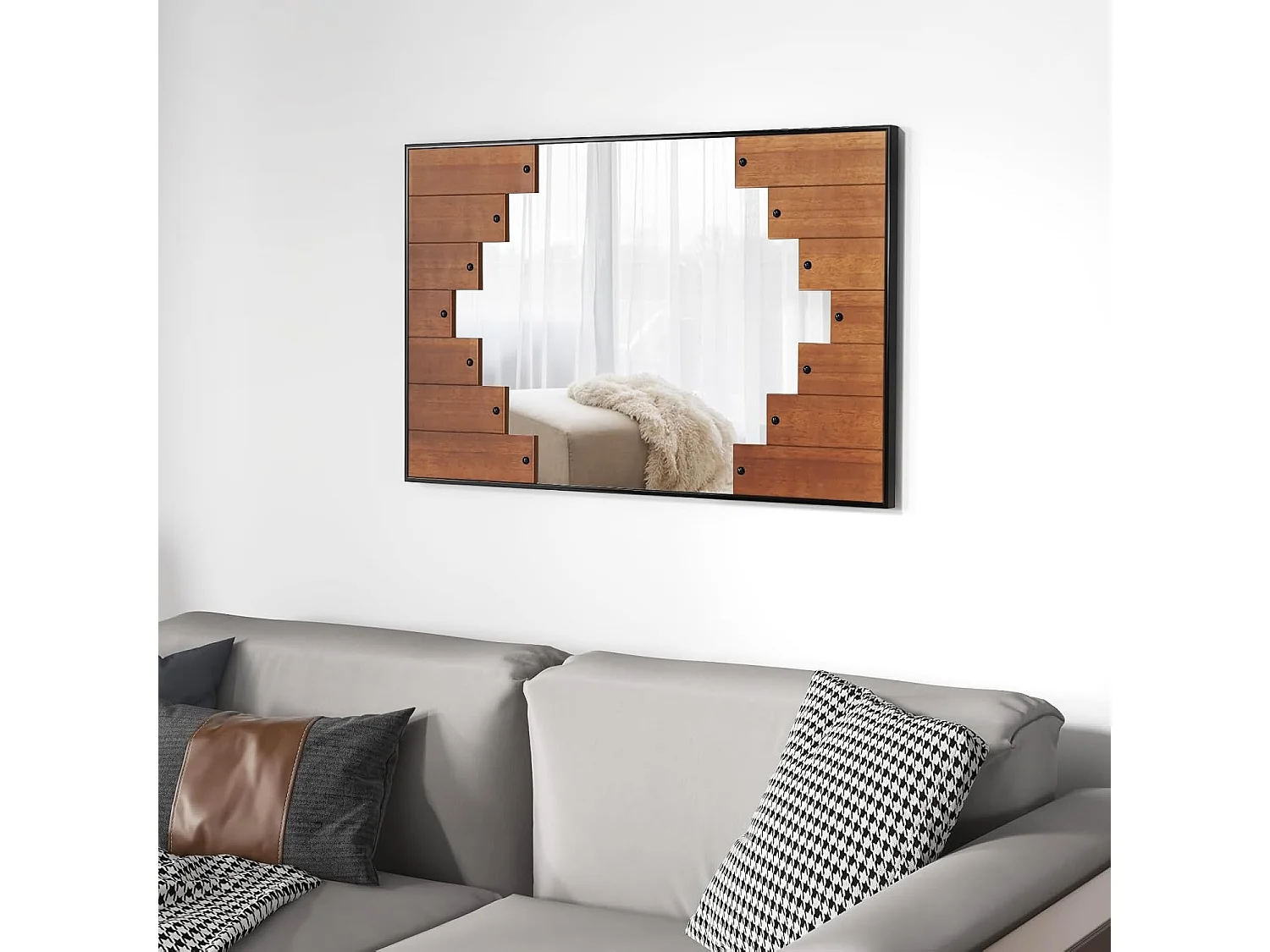 Rechthoekige spiegel met houten lijst, 66 x 95 cm,rustieke wandspiegel met twee-richtingshaak,hangspiegel met metalen frame, make-upspiegel, muur,slaapkamerTL32420