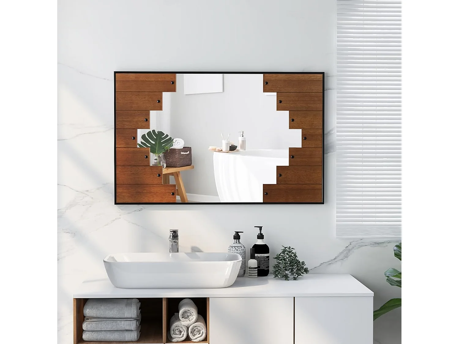 Rechthoekige spiegel met houten lijst, 66 x 95 cm,rustieke wandspiegel met twee-richtingshaak,hangspiegel met metalen frame, make-upspiegel, muur,slaapkamerTL32420
