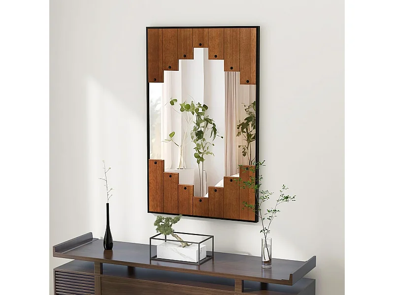 Rechthoekige spiegel met houten lijst, 66 x 95 cm,rustieke wandspiegel met twee-richtingshaak,hangspiegel met metalen frame, make-upspiegel, muur,slaapkamerTL32420