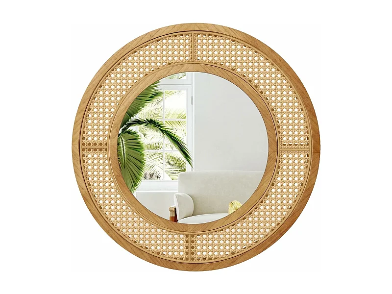 Ronde wandspiegel rotan, diameter 65 cm, decoratieve spiegel met houten frame, aluminium glas en haken, decoratieve spiegel, wandmontage,slaapkamer,natuurTL32442
