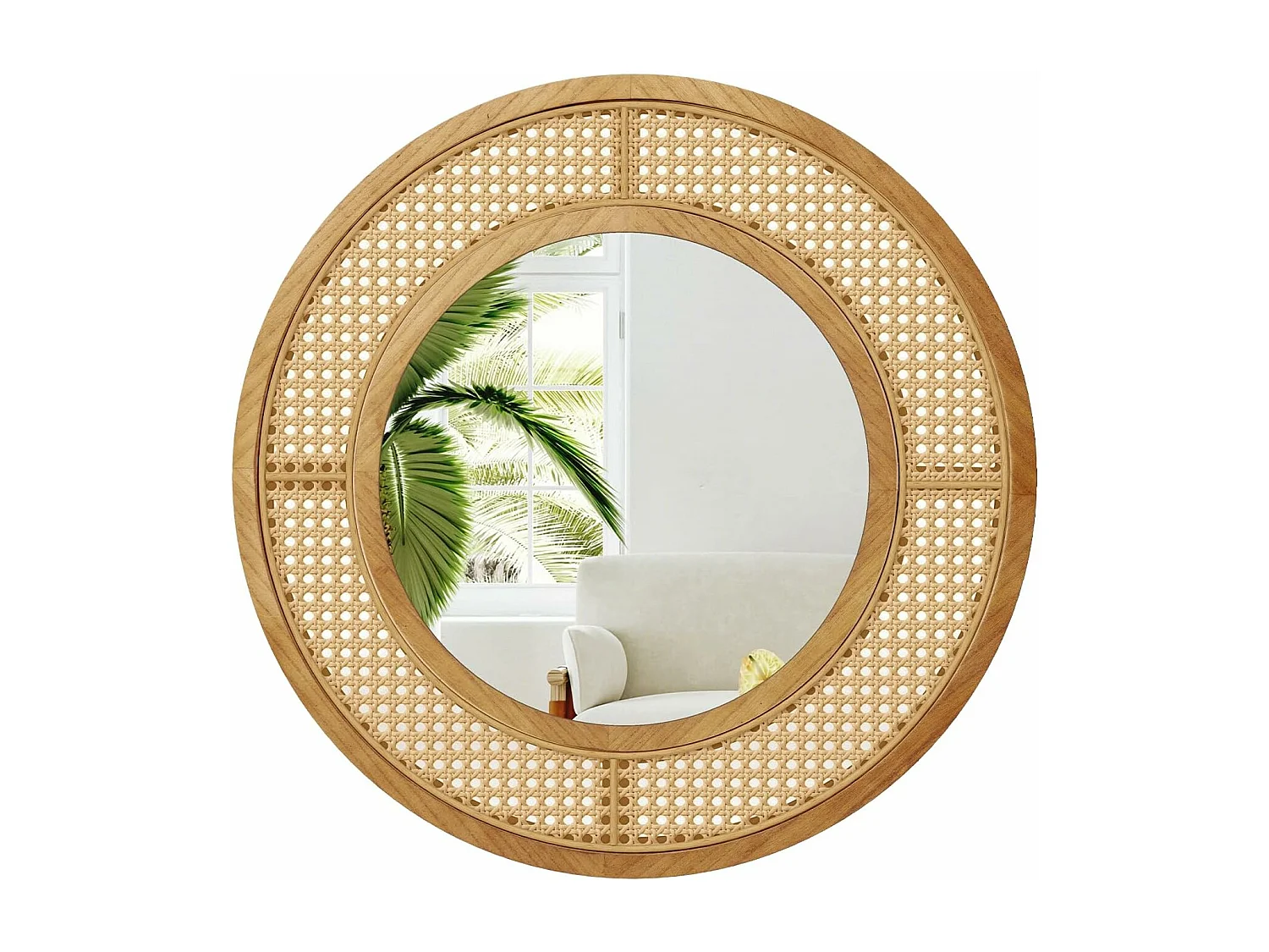 Ronde wandspiegel rotan, diameter 65 cm, decoratieve spiegel met houten frame, aluminium glas en haken, decoratieve spiegel, wandmontage,slaapkamer,natuurTL32442