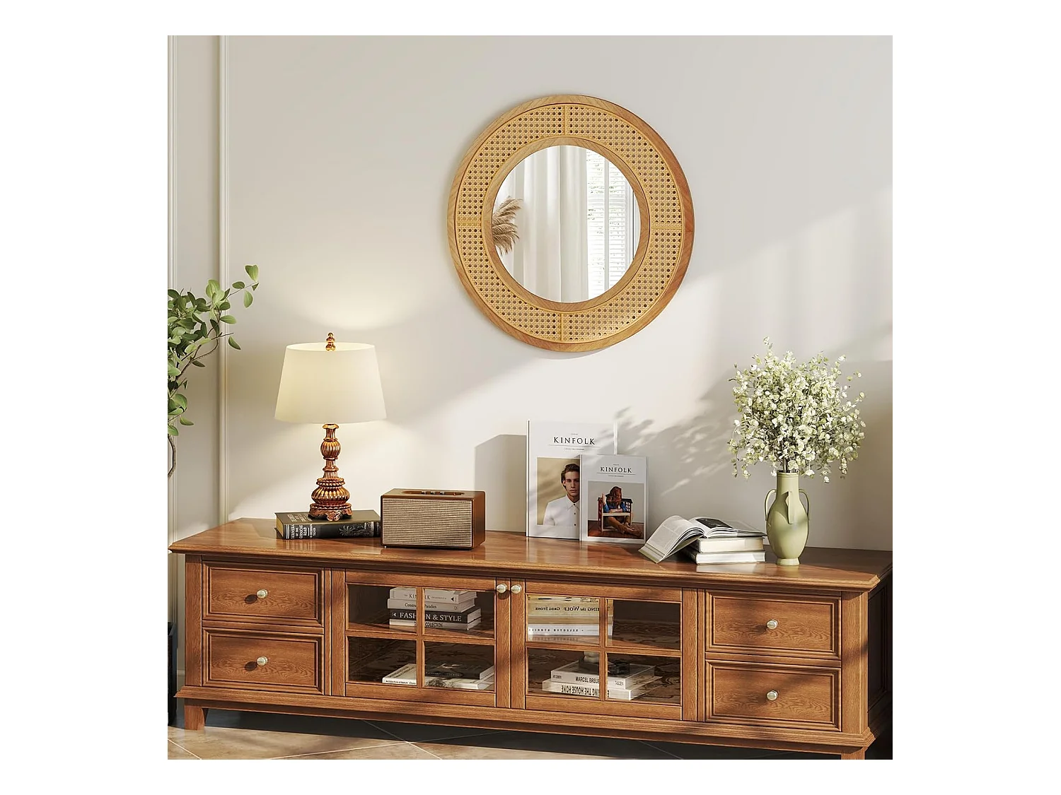 Ronde wandspiegel rotan, diameter 65 cm, decoratieve spiegel met houten frame, aluminium glas en haken, decoratieve spiegel, wandmontage,slaapkamer,natuurTL32442