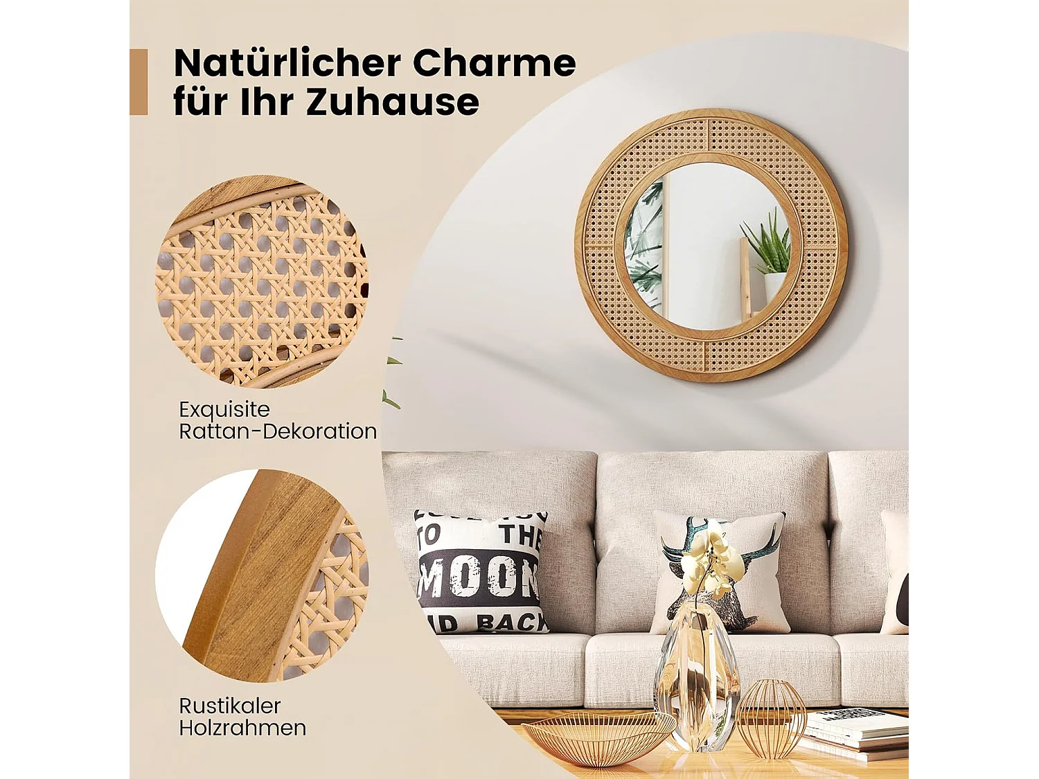 Ronde wandspiegel rotan, diameter 65 cm, decoratieve spiegel met houten frame, aluminium glas en haken, decoratieve spiegel, wandmontage,slaapkamer,natuurTL32442