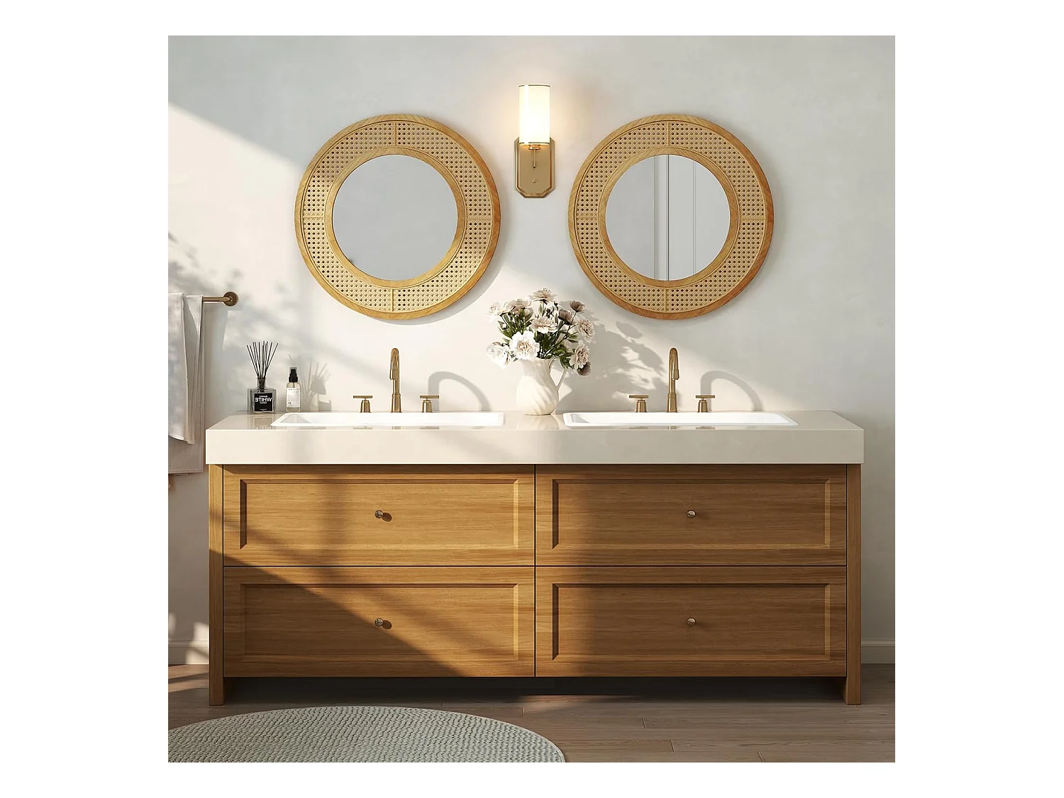 Ronde wandspiegel rotan, diameter 65 cm, decoratieve spiegel met houten frame, aluminium glas en haken, decoratieve spiegel, wandmontage,slaapkamer,natuurTL32442