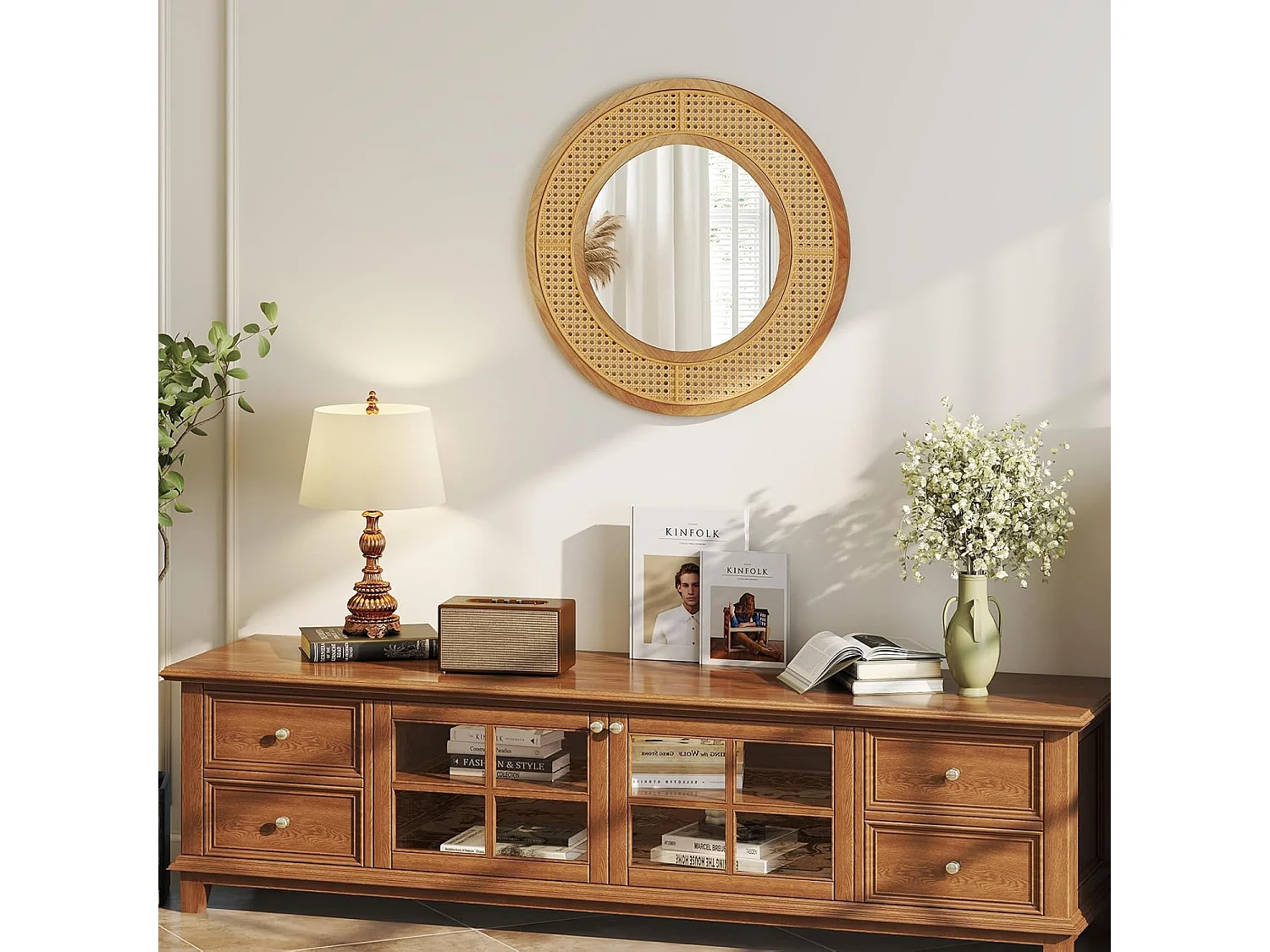 Ronde wandspiegel rotan, diameter 65 cm, decoratieve spiegel met houten frame, aluminium glas en haken, decoratieve spiegel, wandmontage,slaapkamer,natuurTL32442