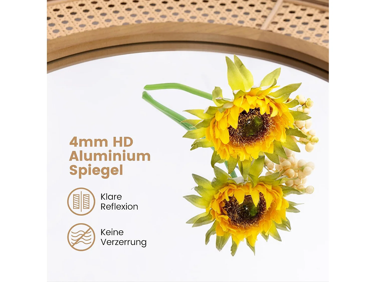 Ronde wandspiegel rotan, diameter 65 cm, decoratieve spiegel met houten frame, aluminium glas en haken, decoratieve spiegel, wandmontage,slaapkamer,natuurTL32442