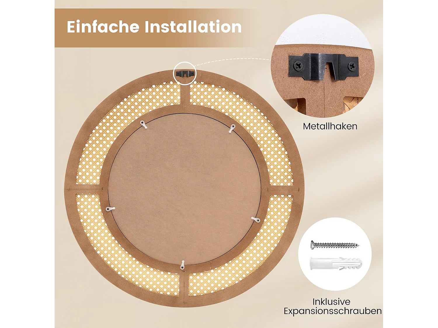 Ronde wandspiegel rotan, diameter 65 cm, decoratieve spiegel met houten frame, aluminium glas en haken, decoratieve spiegel, wandmontage,slaapkamer,natuurTL32442