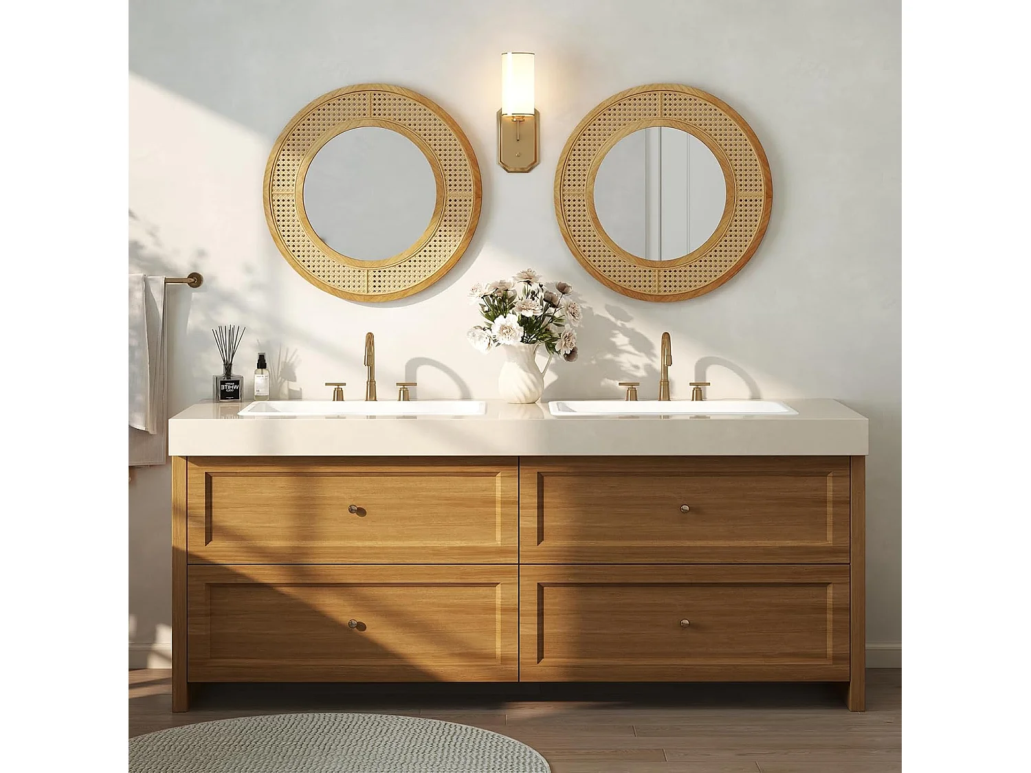 Ronde wandspiegel rotan, diameter 65 cm, decoratieve spiegel met houten frame, aluminium glas en haken, decoratieve spiegel, wandmontage,slaapkamer,natuurTL32442