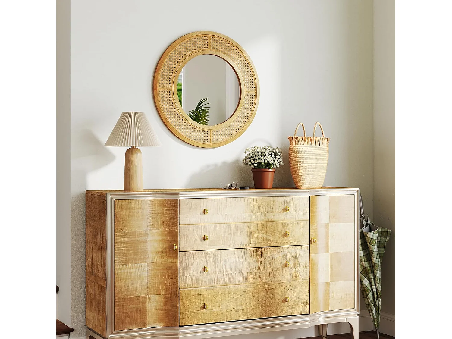 Ronde wandspiegel rotan, diameter 65 cm, decoratieve spiegel met houten frame, aluminium glas en haken, decoratieve spiegel, wandmontage,slaapkamer,natuurTL32442