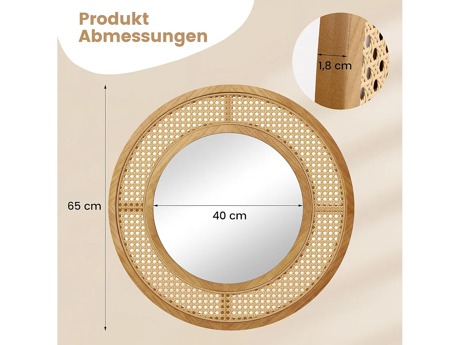Ronde wandspiegel rotan, diameter 65 cm, decoratieve spiegel met houten frame, aluminium glas en haken, decoratieve spiegel, wandmontage,slaapkamer,natuurTL32442