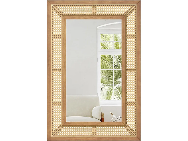 Rechthoekige wandspiegel rotan, 90 x 60 cm, decoratieve spiegel met houten frame en haken, horizontaal of verticaal, decoratieve spiegel, wandmontageTL32443