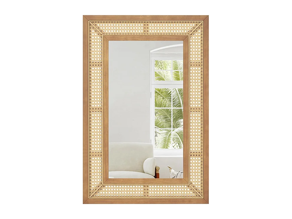 Rechthoekige wandspiegel rotan, 90 x 60 cm, decoratieve spiegel met houten frame en haken, horizontaal of verticaal, decoratieve spiegel, wandmontageTL32443