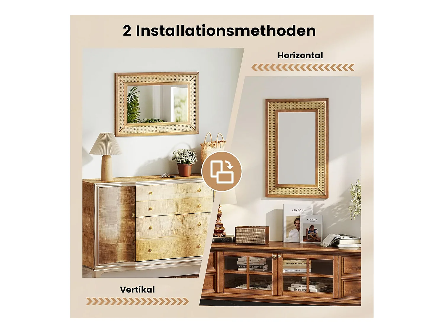 Rechthoekige wandspiegel rotan, 90 x 60 cm, decoratieve spiegel met houten frame en haken, horizontaal of verticaal, decoratieve spiegel, wandmontageTL32443