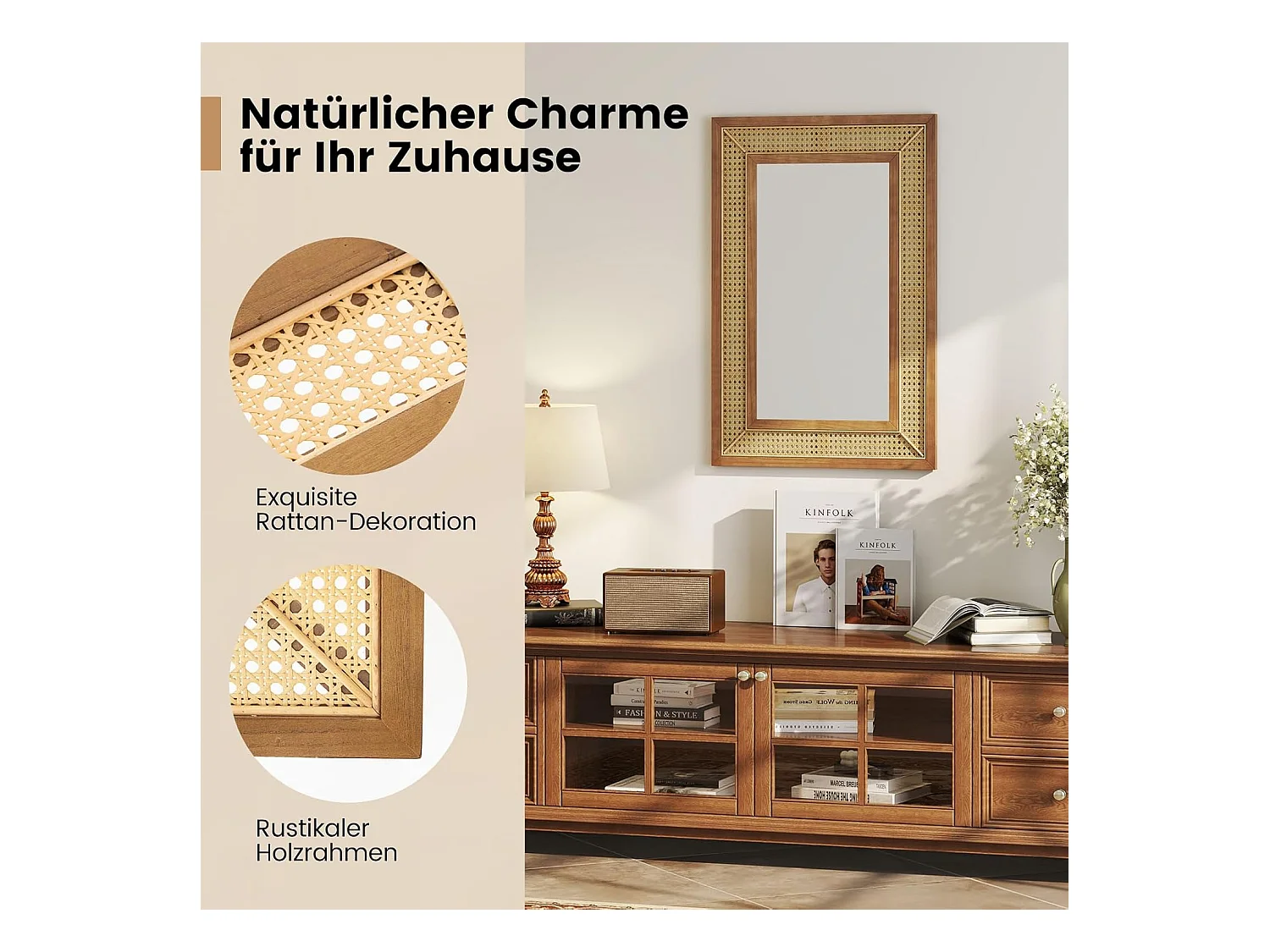 Rechthoekige wandspiegel rotan, 90 x 60 cm, decoratieve spiegel met houten frame en haken, horizontaal of verticaal, decoratieve spiegel, wandmontageTL32443