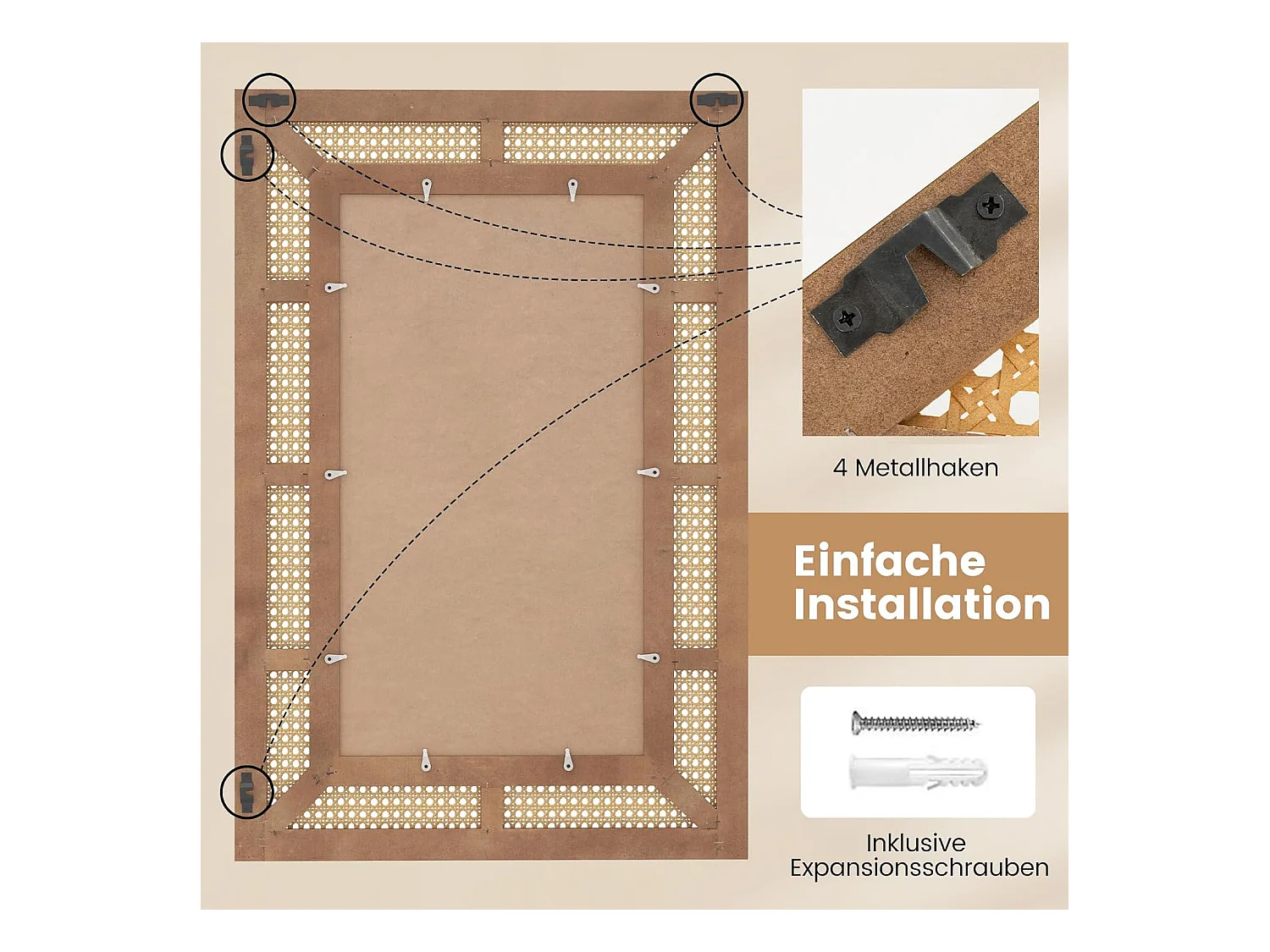 Rechthoekige wandspiegel rotan, 90 x 60 cm, decoratieve spiegel met houten frame en haken, horizontaal of verticaal, decoratieve spiegel, wandmontageTL32443