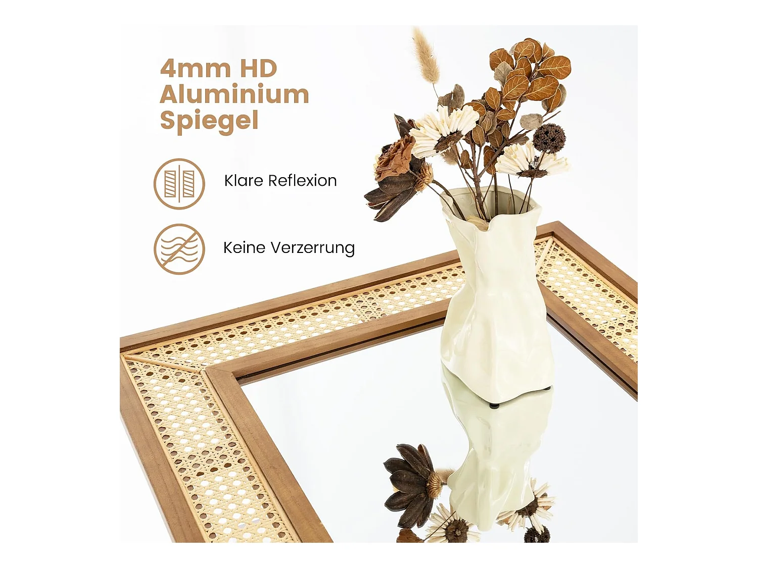 Rechthoekige wandspiegel rotan, 90 x 60 cm, decoratieve spiegel met houten frame en haken, horizontaal of verticaal, decoratieve spiegel, wandmontageTL32443