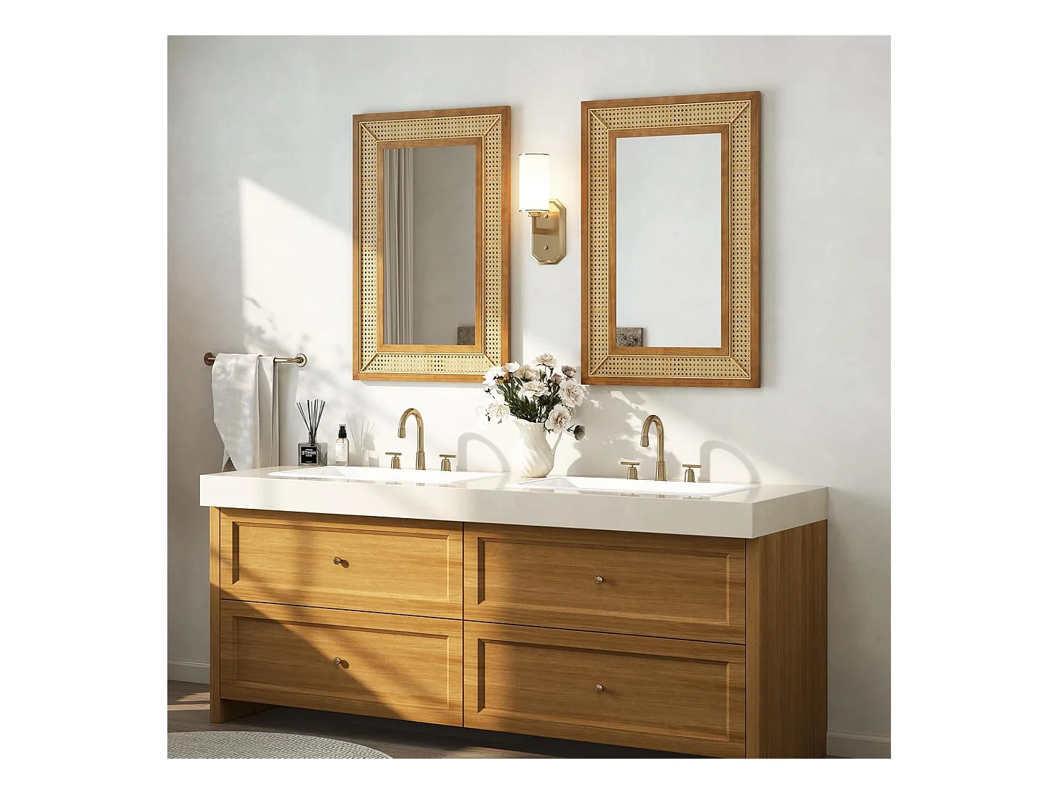 Rechthoekige wandspiegel rotan, 90 x 60 cm, decoratieve spiegel met houten frame en haken, horizontaal of verticaal, decoratieve spiegel, wandmontageTL32443