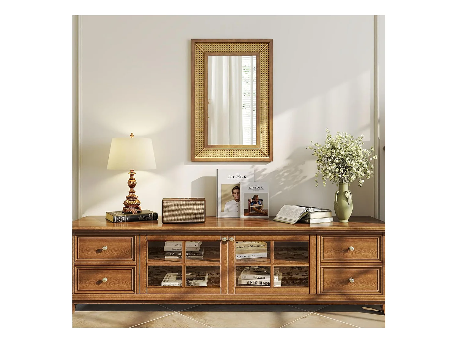 Rechthoekige wandspiegel rotan, 90 x 60 cm, decoratieve spiegel met houten frame en haken, horizontaal of verticaal, decoratieve spiegel, wandmontageTL32443