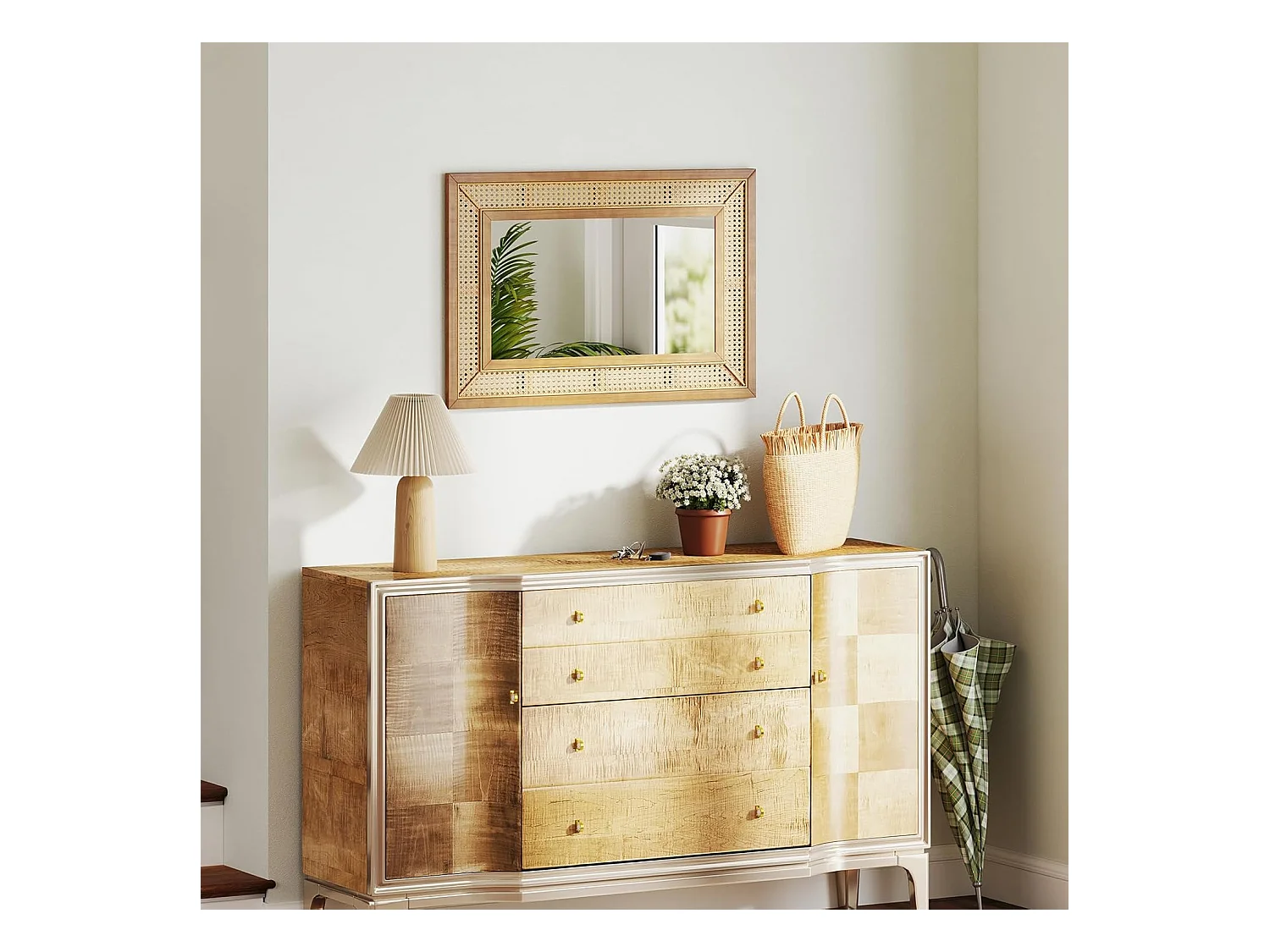 Rechthoekige wandspiegel rotan, 90 x 60 cm, decoratieve spiegel met houten frame en haken, horizontaal of verticaal, decoratieve spiegel, wandmontageTL32443