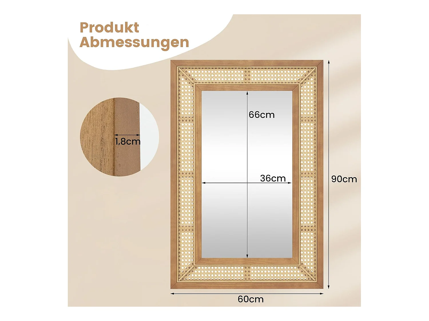 Rechthoekige wandspiegel rotan, 90 x 60 cm, decoratieve spiegel met houten frame en haken, horizontaal of verticaal, decoratieve spiegel, wandmontageTL32443
