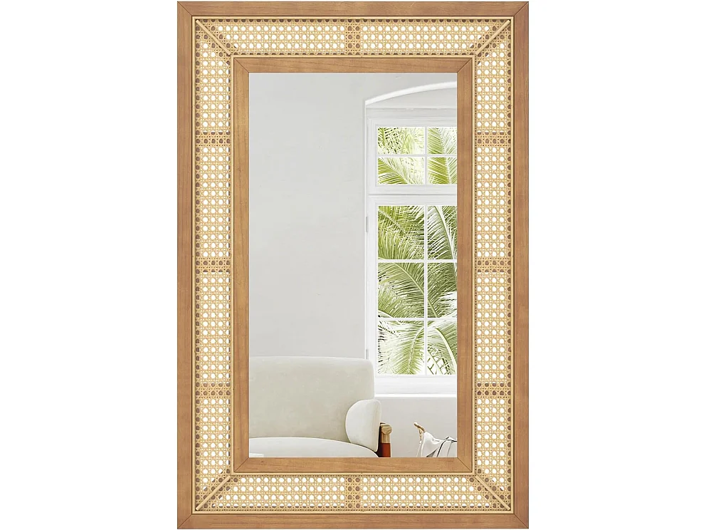 Rechthoekige wandspiegel rotan, 90 x 60 cm, decoratieve spiegel met houten frame en haken, horizontaal of verticaal, decoratieve spiegel, wandmontageTL32443