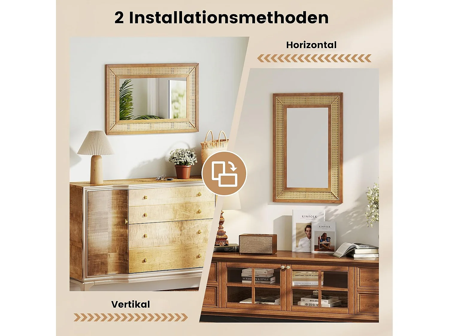 Rechthoekige wandspiegel rotan, 90 x 60 cm, decoratieve spiegel met houten frame en haken, horizontaal of verticaal, decoratieve spiegel, wandmontageTL32443