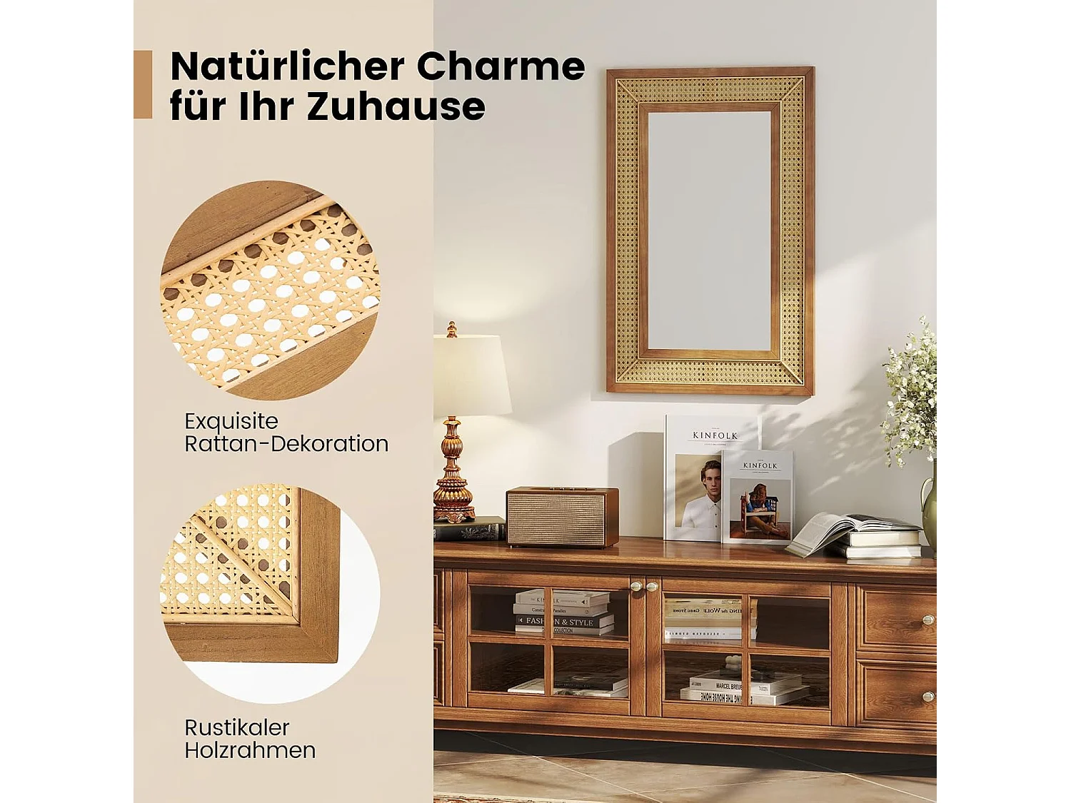 Rechthoekige wandspiegel rotan, 90 x 60 cm, decoratieve spiegel met houten frame en haken, horizontaal of verticaal, decoratieve spiegel, wandmontageTL32443