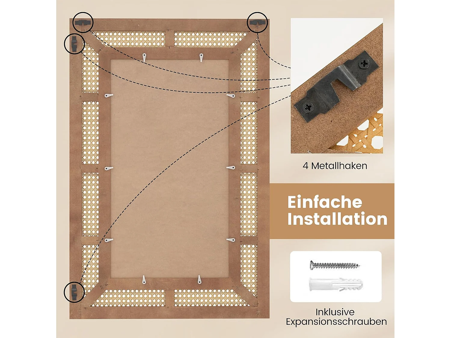 Rechthoekige wandspiegel rotan, 90 x 60 cm, decoratieve spiegel met houten frame en haken, horizontaal of verticaal, decoratieve spiegel, wandmontageTL32443