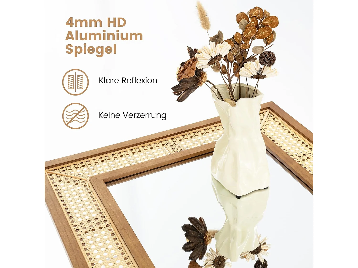 Rechthoekige wandspiegel rotan, 90 x 60 cm, decoratieve spiegel met houten frame en haken, horizontaal of verticaal, decoratieve spiegel, wandmontageTL32443