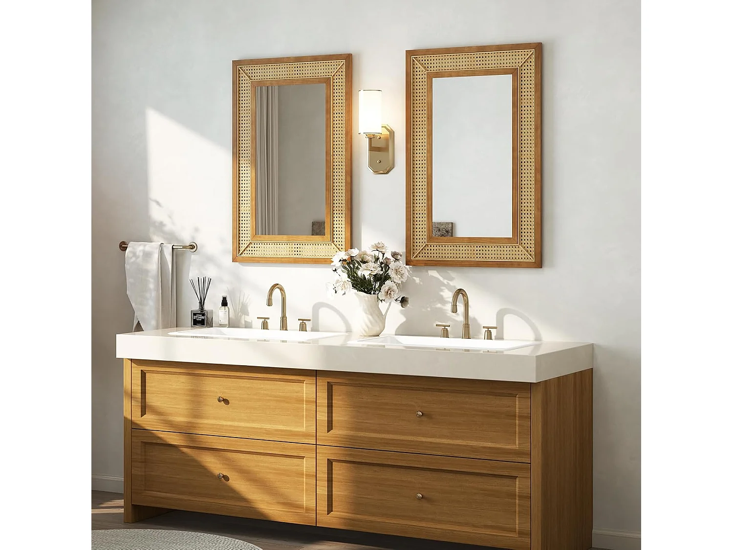 Rechthoekige wandspiegel rotan, 90 x 60 cm, decoratieve spiegel met houten frame en haken, horizontaal of verticaal, decoratieve spiegel, wandmontageTL32443