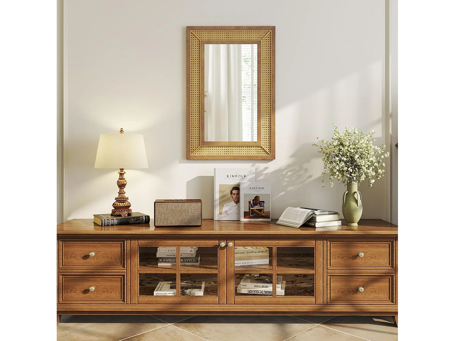 Rechthoekige wandspiegel rotan, 90 x 60 cm, decoratieve spiegel met houten frame en haken, horizontaal of verticaal, decoratieve spiegel, wandmontageTL32443