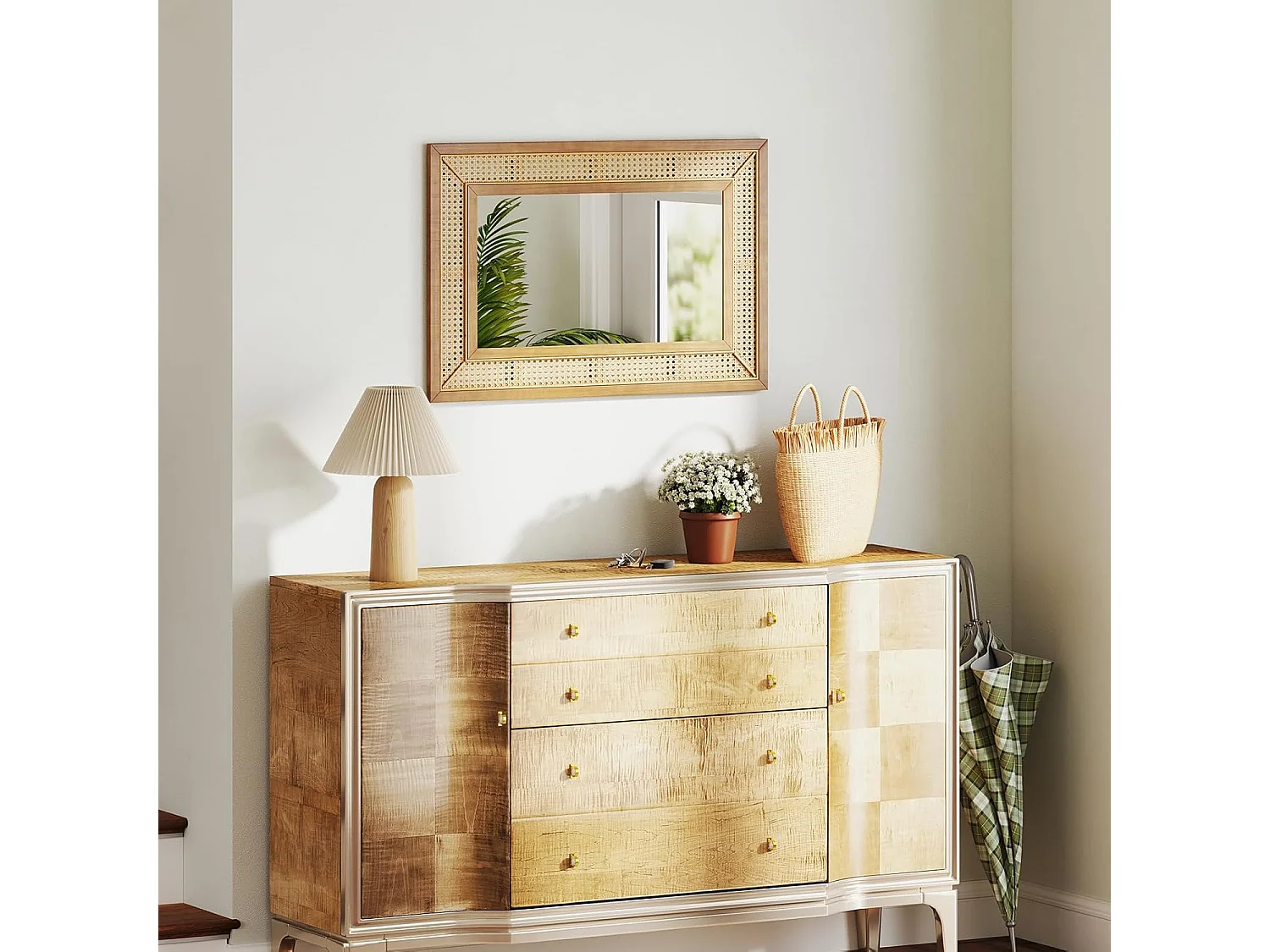 Rechthoekige wandspiegel rotan, 90 x 60 cm, decoratieve spiegel met houten frame en haken, horizontaal of verticaal, decoratieve spiegel, wandmontageTL32443