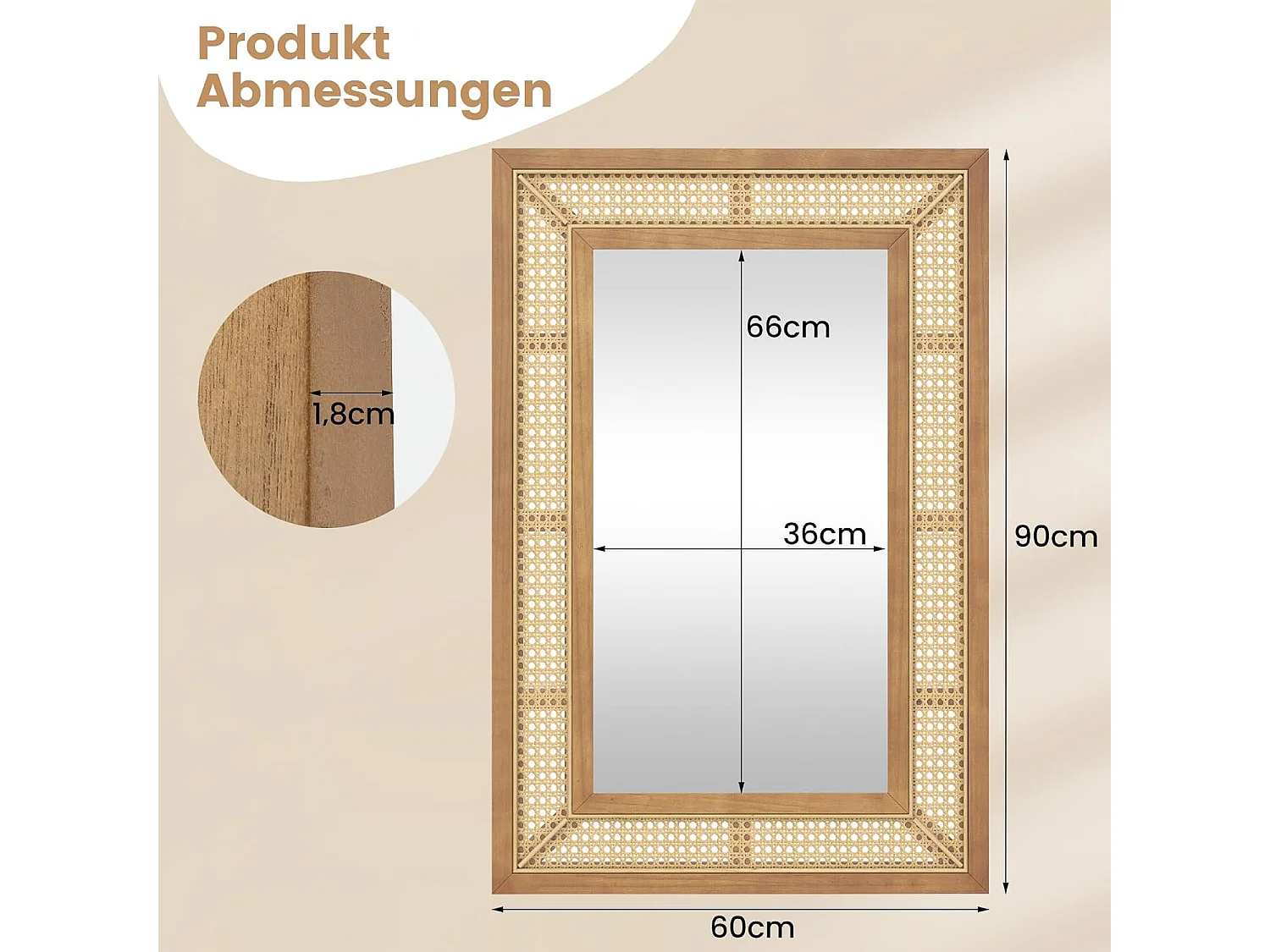 Rechthoekige wandspiegel rotan, 90 x 60 cm, decoratieve spiegel met houten frame en haken, horizontaal of verticaal, decoratieve spiegel, wandmontageTL32443