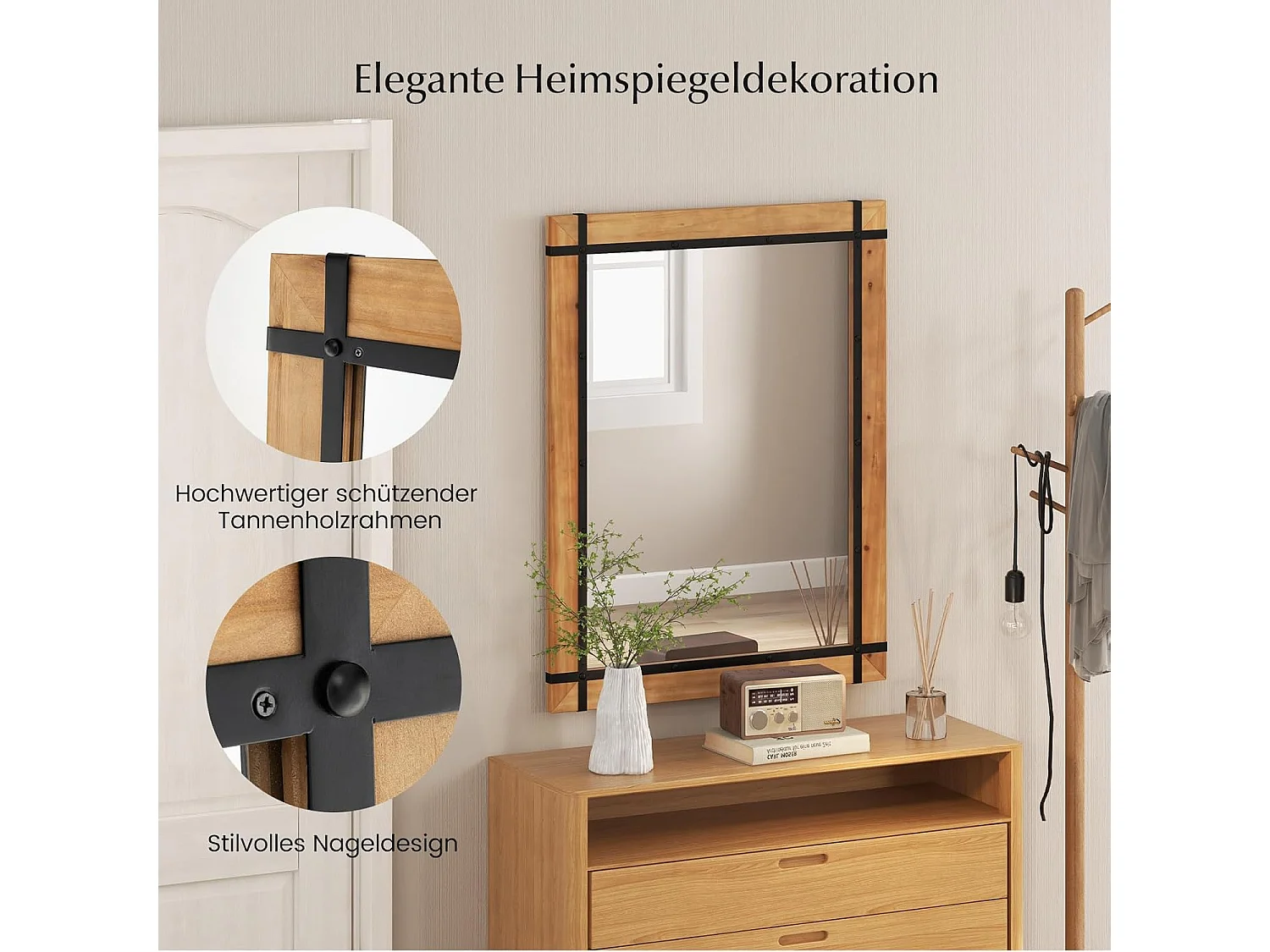 Rechthoekige spiegel met houten lijst, 77 x 100 cm, rustieke wandspiegel, onbreekbare hangspiegel,voor hal, woonkamer, slaapkamer, vintage bruinTL32433