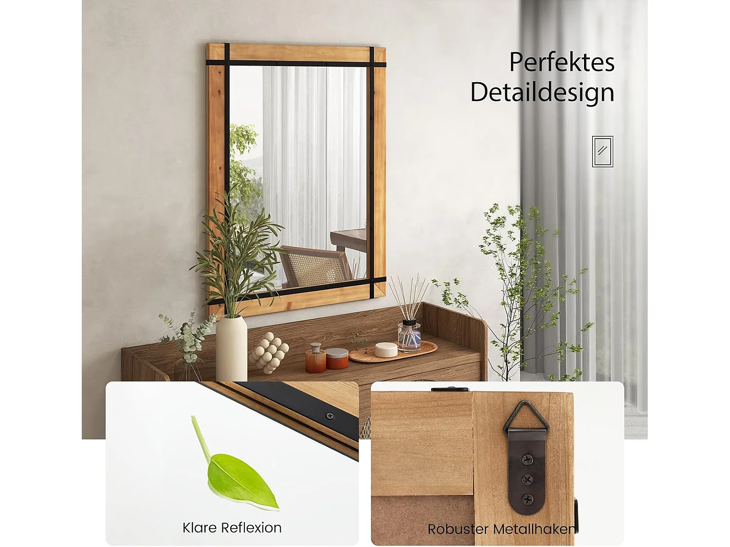 Rechthoekige spiegel met houten lijst, 77 x 100 cm, rustieke wandspiegel, onbreekbare hangspiegel,voor hal, woonkamer, slaapkamer, vintage bruinTL32433