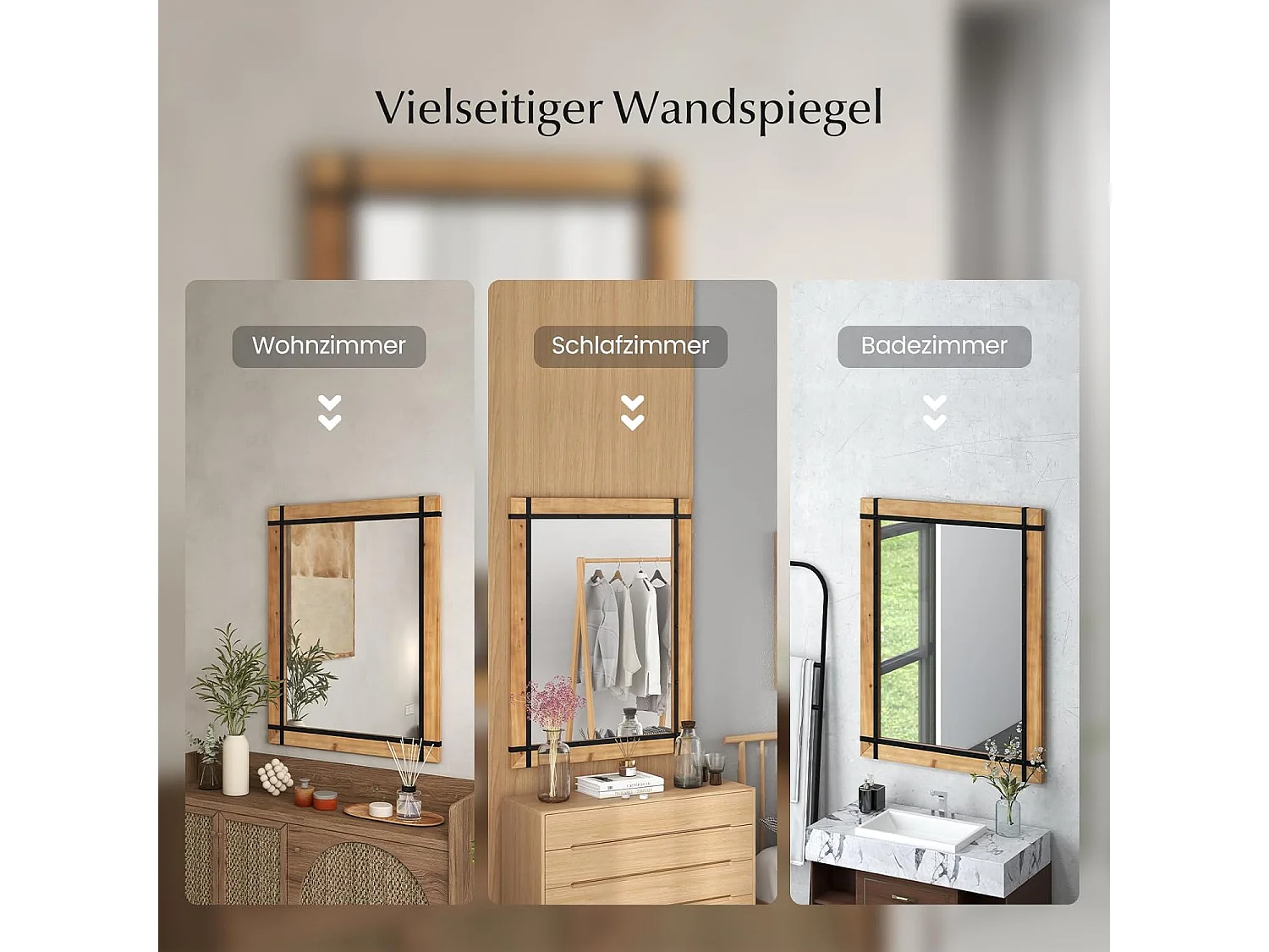 Rechthoekige spiegel met houten lijst, 77 x 100 cm, rustieke wandspiegel, onbreekbare hangspiegel,voor hal, woonkamer, slaapkamer, vintage bruinTL32433