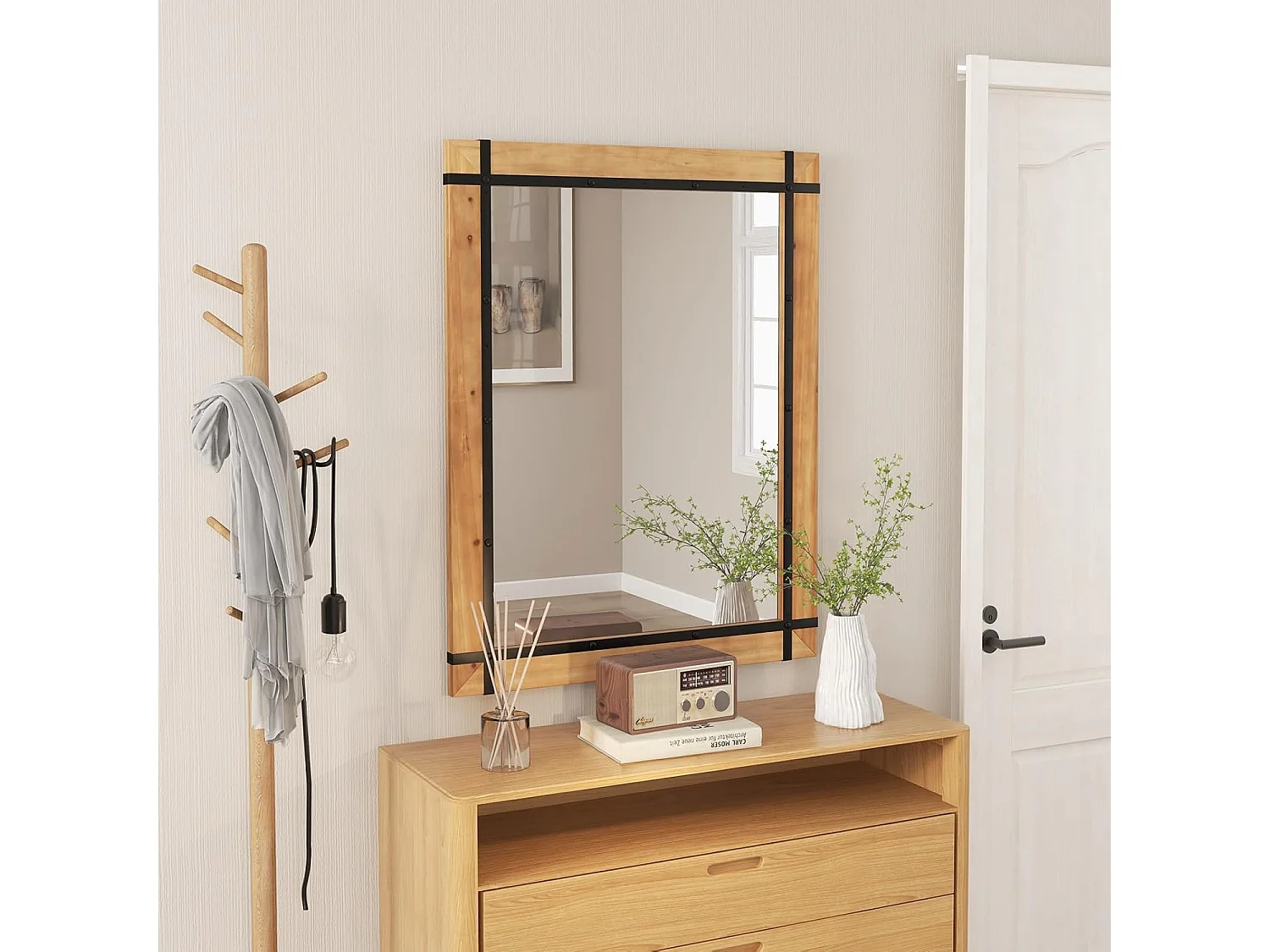 Rechthoekige spiegel met houten lijst, 77 x 100 cm, rustieke wandspiegel, onbreekbare hangspiegel,voor hal, woonkamer, slaapkamer, vintage bruinTL32433