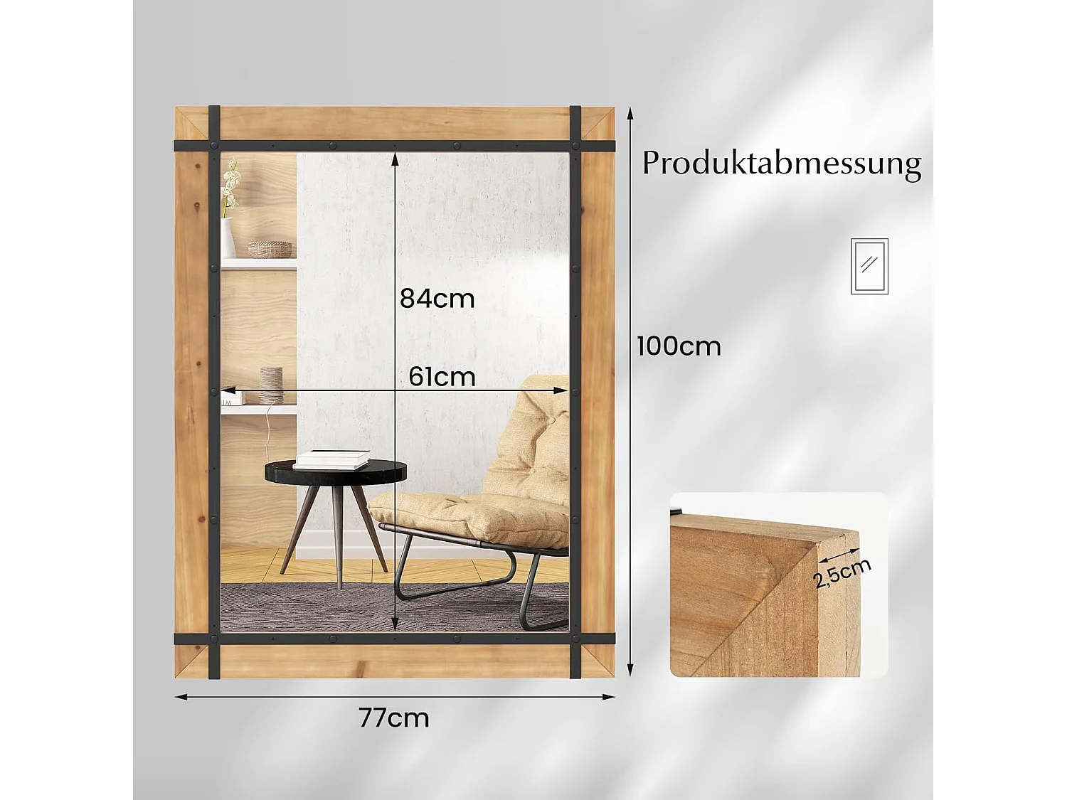 Rechthoekige spiegel met houten lijst, 77 x 100 cm, rustieke wandspiegel, onbreekbare hangspiegel,voor hal, woonkamer, slaapkamer, vintage bruinTL32433