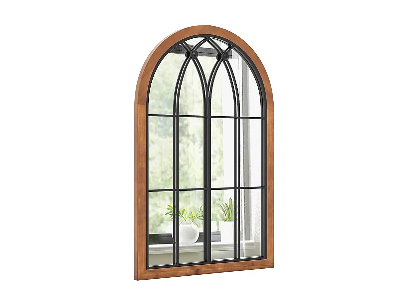 Wandspiegel met raamlook, boogspiegel, vintage, 60 x 90 cm, raamspiegel, decoratieve spiegel,decoratieve hangspiegel voor hal,metalen frame, rustiek bruinTL32388