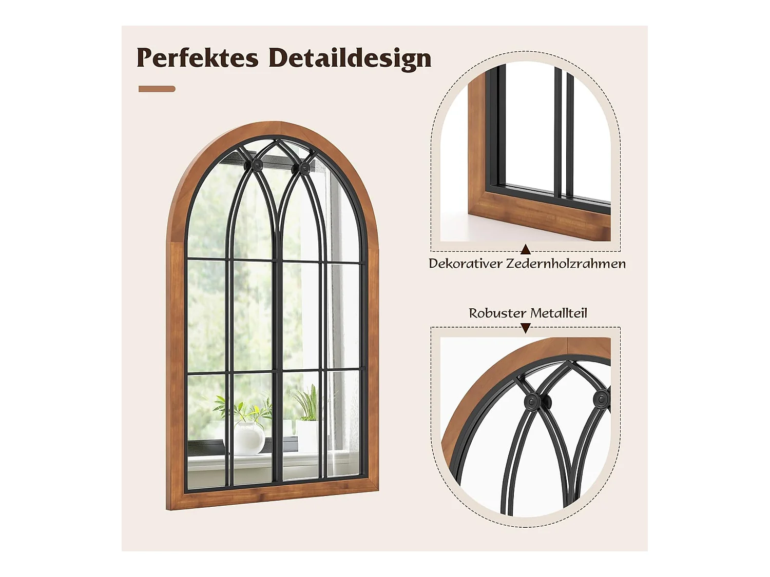 Wandspiegel met raamlook, boogspiegel, vintage, 60 x 90 cm, raamspiegel, decoratieve spiegel,decoratieve hangspiegel voor hal,metalen frame, rustiek bruinTL32388